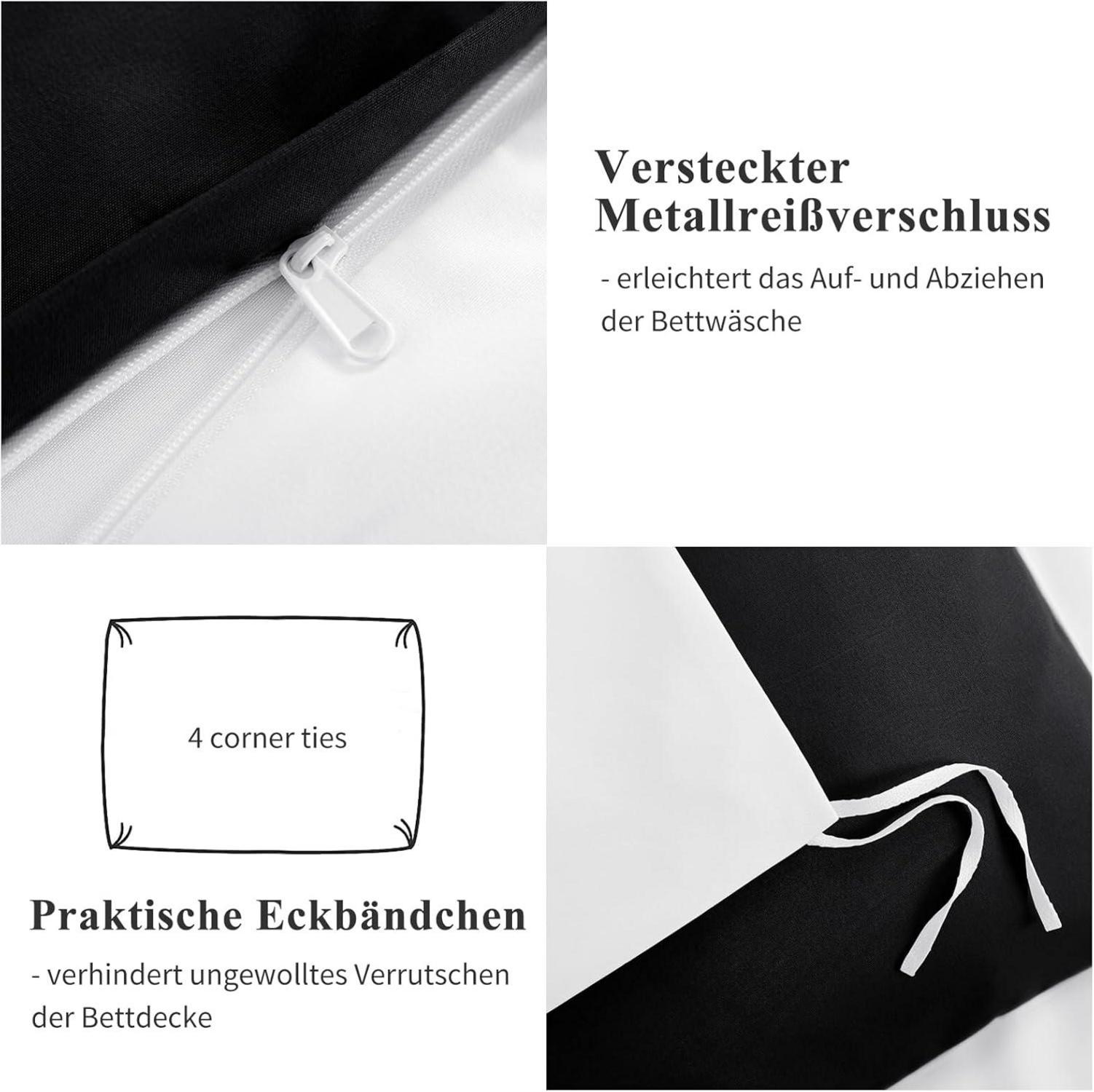 Bettwäsche 155x220 2tlg Weiß Schwarz Wendebettwäsche Reißverschluss