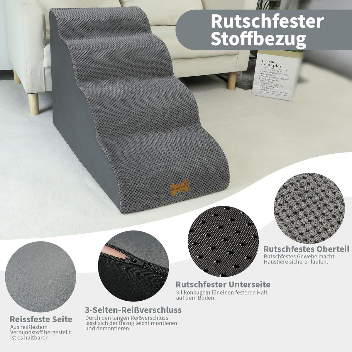 Hundetretppe 4 Stufen Grau für Kleine Hunde & Ältere Hunde