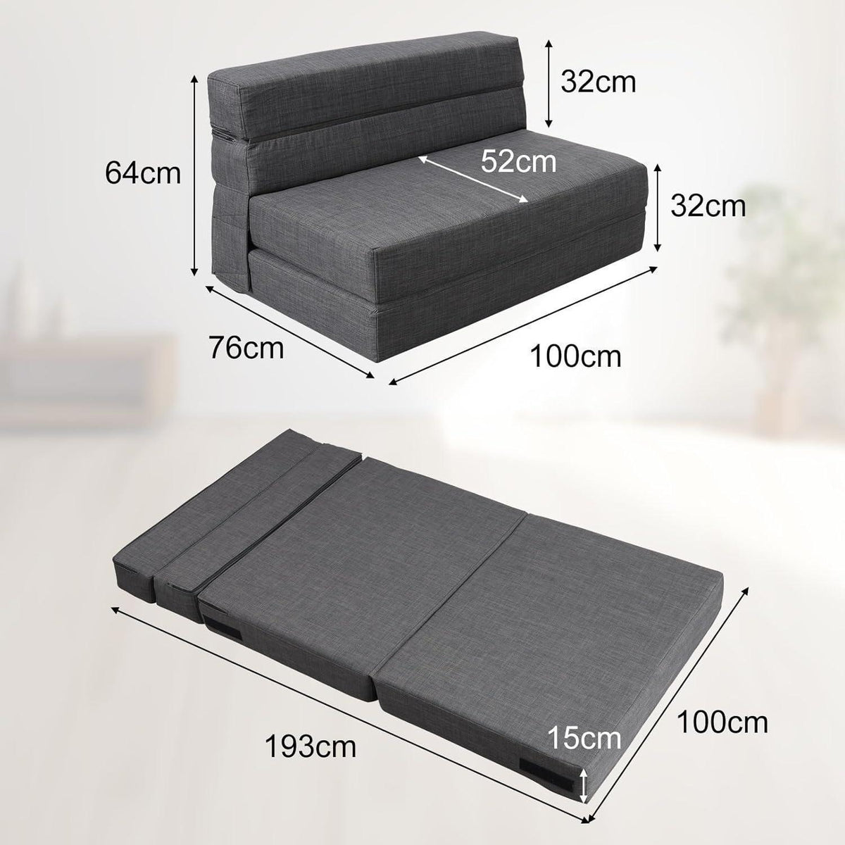 Schlafsessel mit Bettfunktion & Memory Schaum – Dunkelgrau 100x190cm