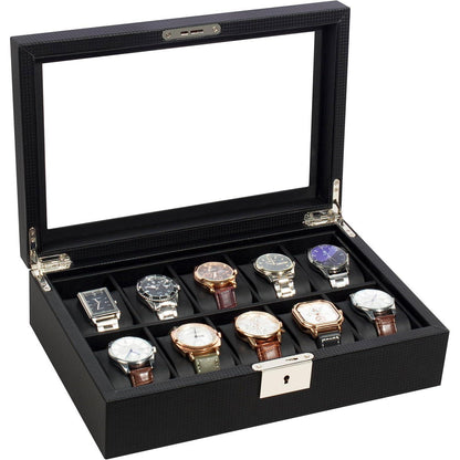 Uhrenbox für 10 Uhren mit Glasdeckel und Metallschloss