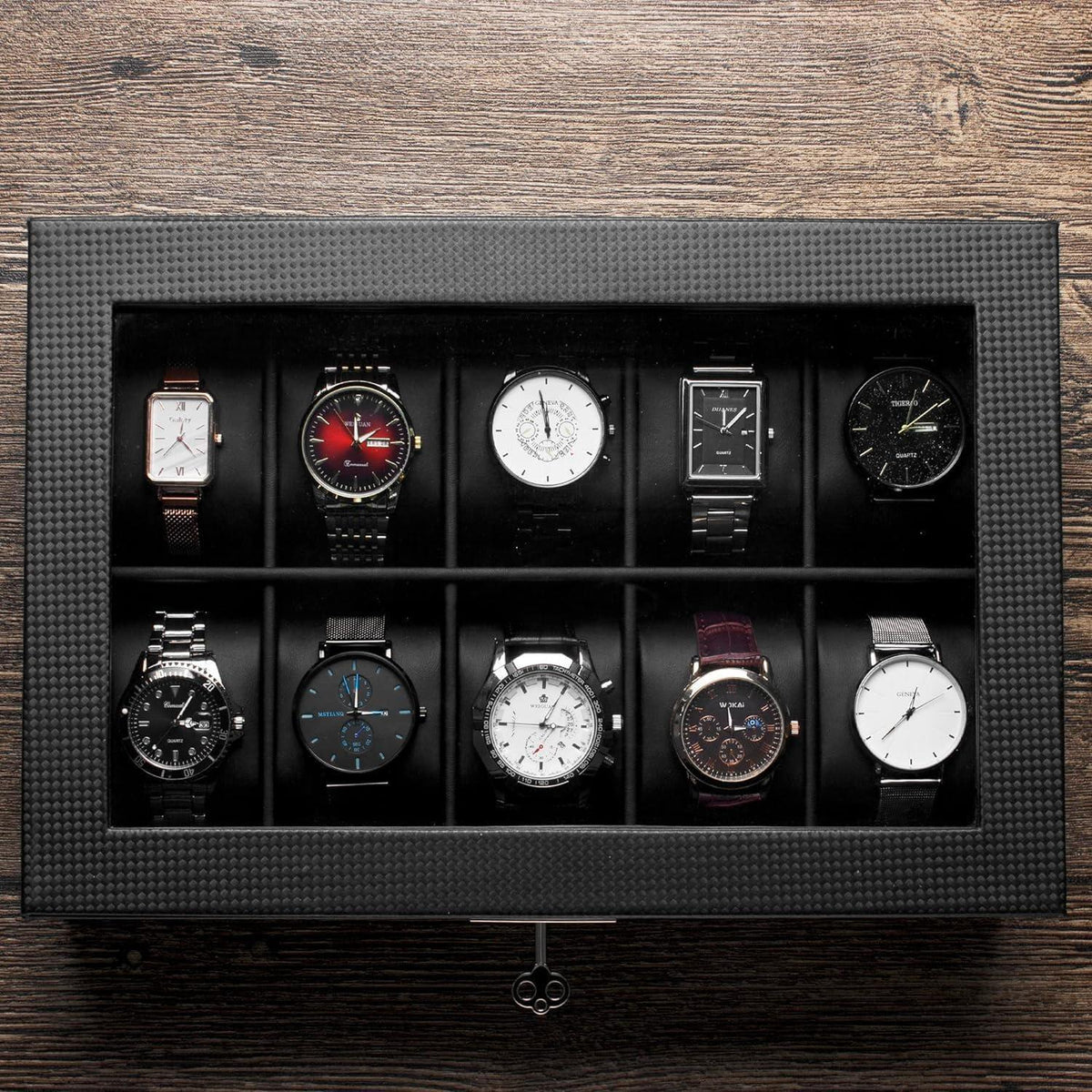 Uhrenbox für 10 Uhren mit Glasdeckel und Metallschloss