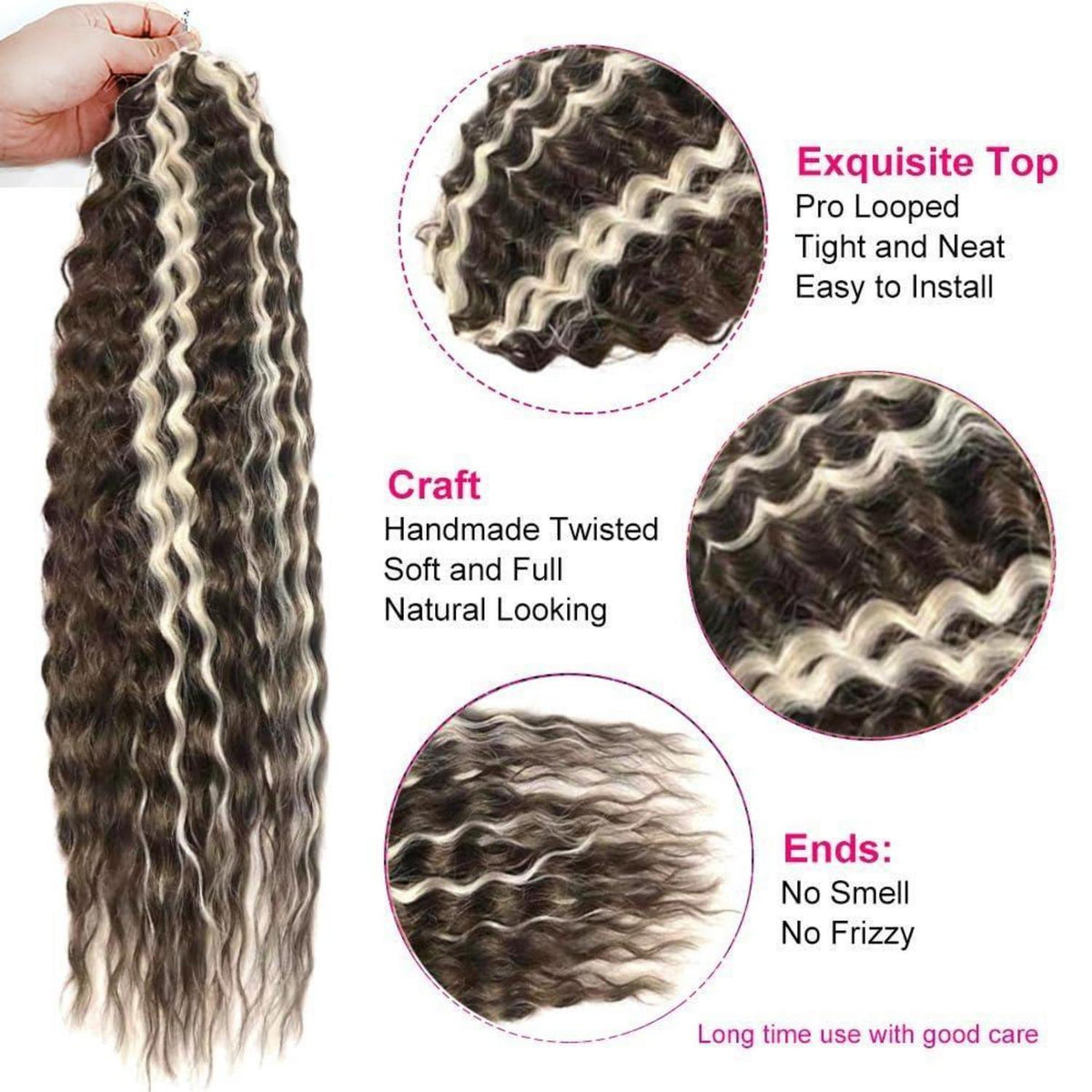 3x Häkelzöpfe Haar Lockig Dunkelbraun mit Blond 22 Zoll