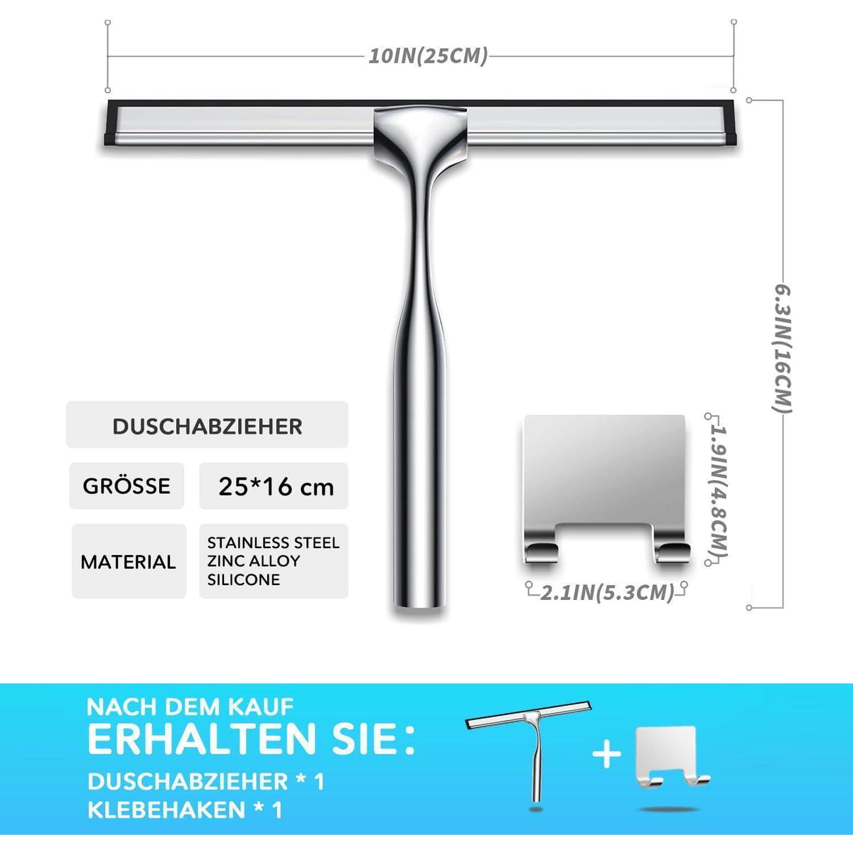 Duschabzieher 25cm Edelstahl mit Haken, Silber