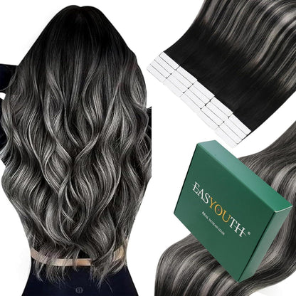 Silber Ombre Echthaar Tape-in Extensions Schwarz 40cm