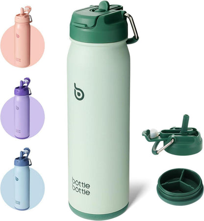 Isolierte Edelstahl Trinkflasche 24oz mit Strohhalm und Pillenfach