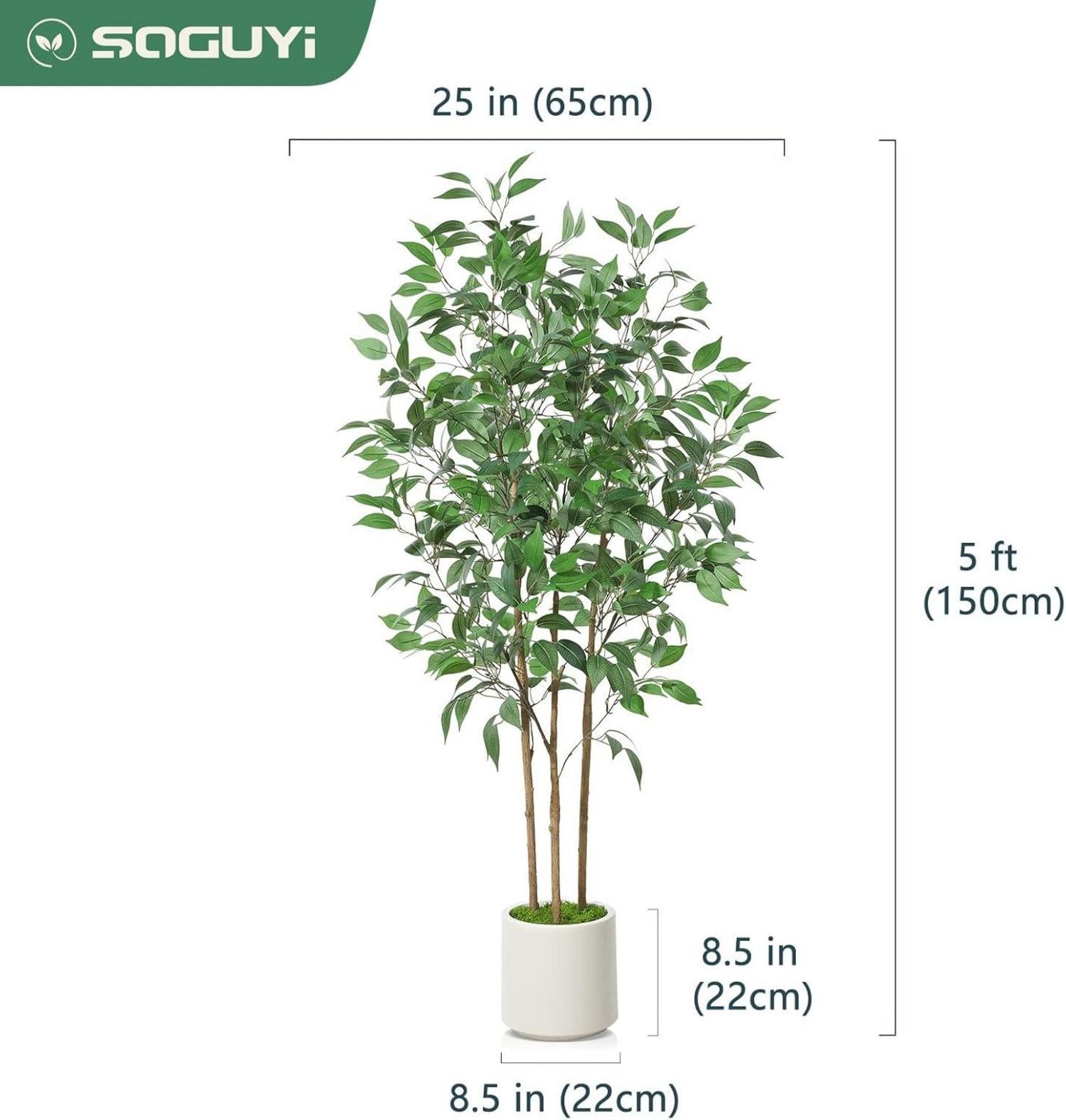 Kunstpflanze Ficus-Baum 150cm Weiß Keramiktopf Moos Wohndeko
