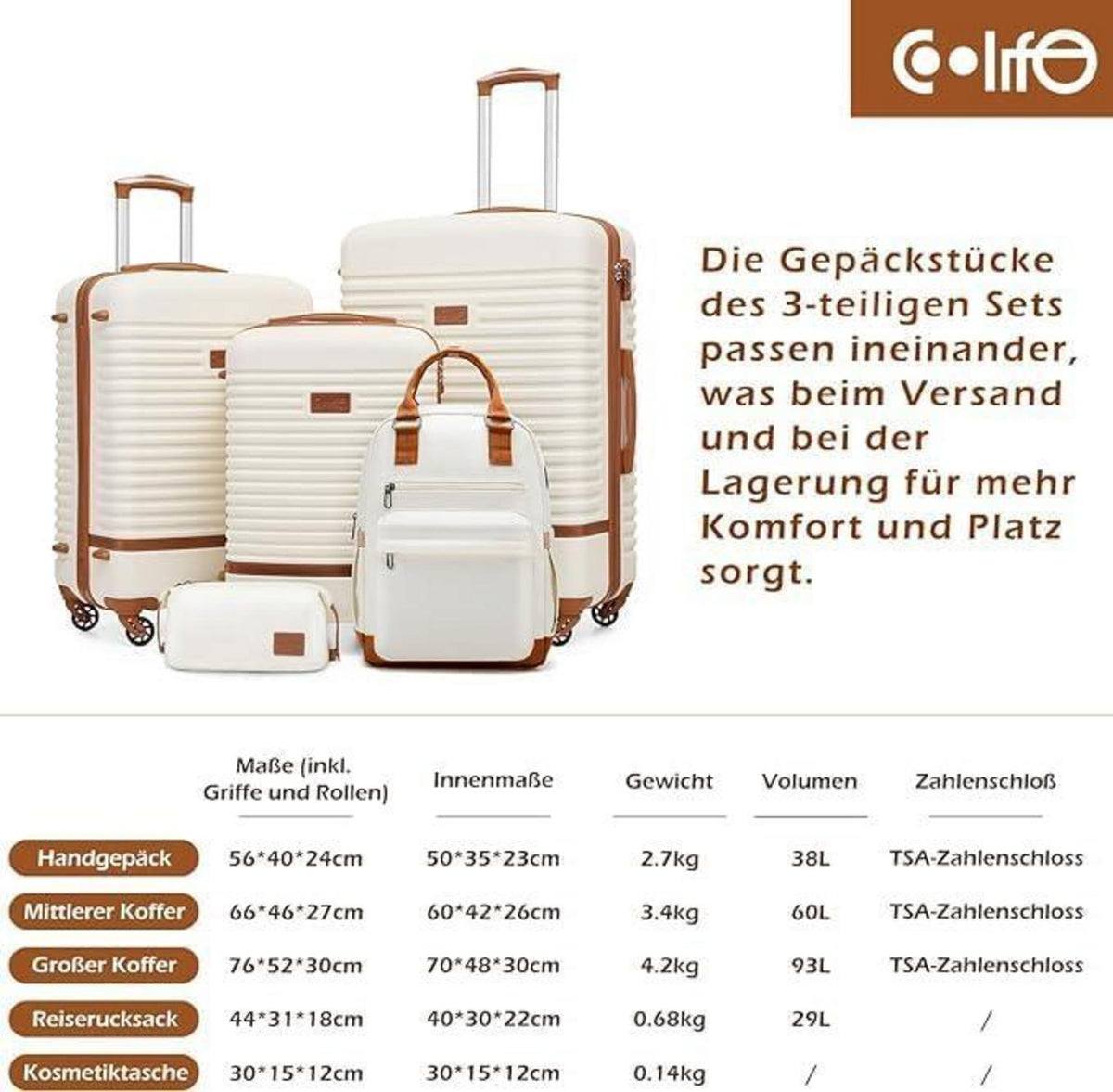 COOLIFE Koffer Trolley ABS Hartschale 4 Rollen TSA-Schloss 3tlg Grau/Rosa