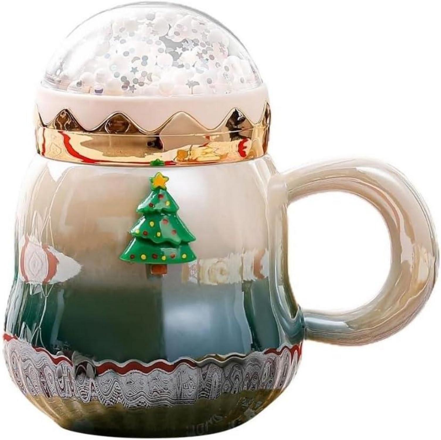 Weihnachtstasse Keramik Perlenglanz Kaffeebecher mit Deckel 450ml Grün