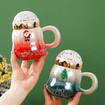 Weihnachtstasse Keramik Perlenglanz Deckel 450ml Kaffeebecher