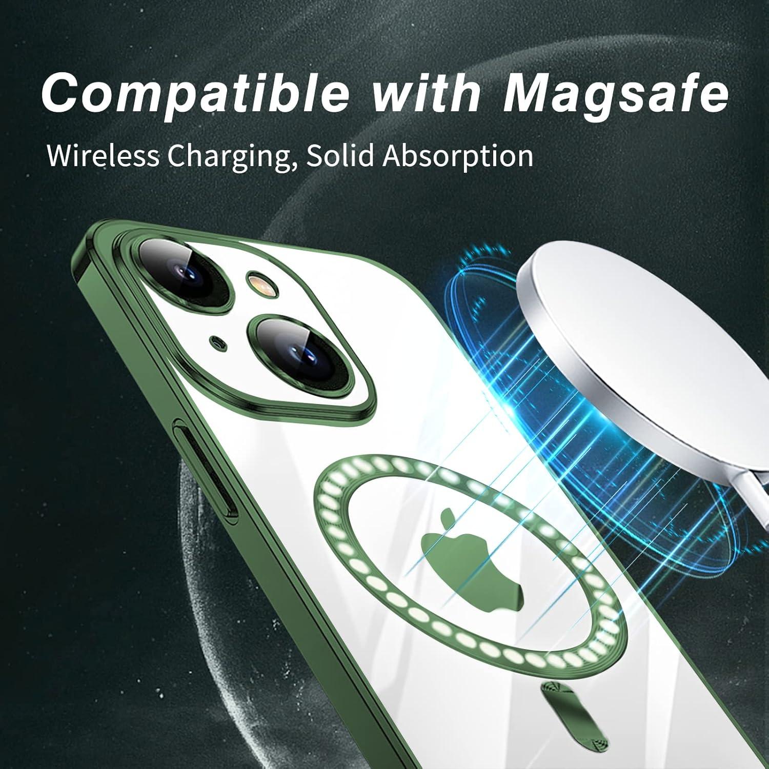 Klare MagSafe-kompatible Hülle für iPhone 15 Plus Grün, Stoßfest & Kabelloses Laden