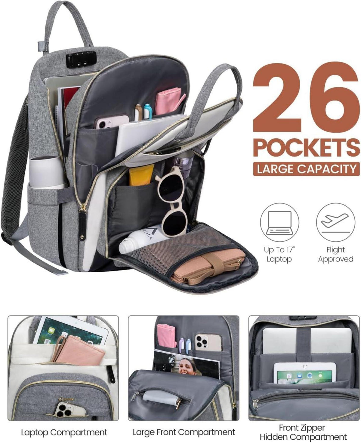 Rucksack Damen Groß 17 Zoll Laptopfach Wasserdicht - Schwarz