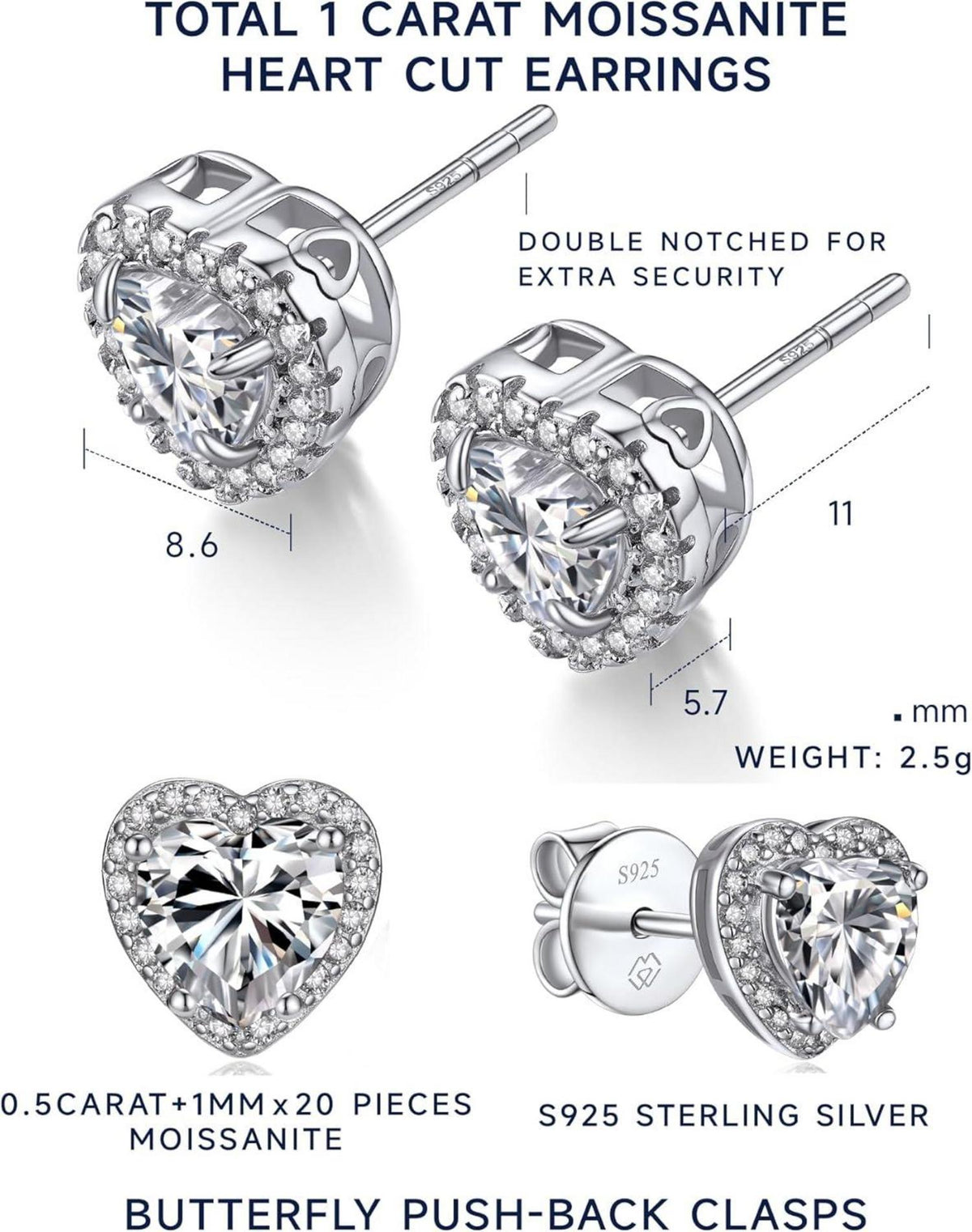 Herz Ohrringe 1 Karat Moissanite Diamant 925 Silber Ohrstecker Damen