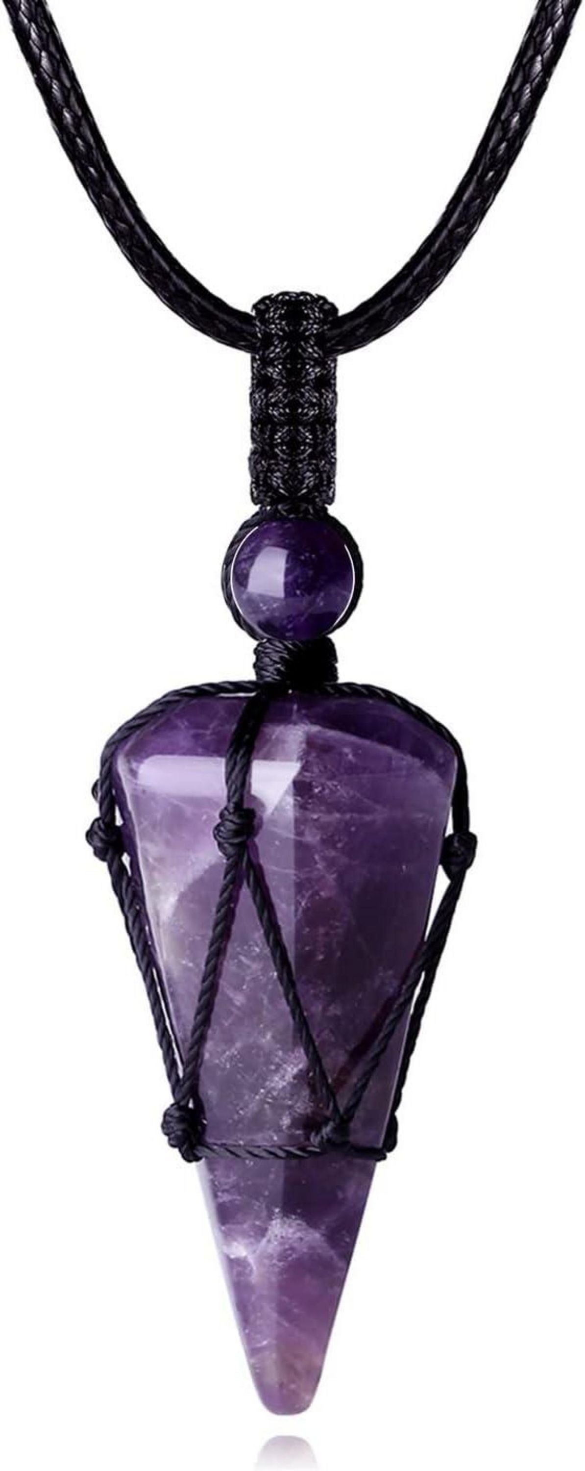 Kristall Anhänger Halskette Schwarzes Lederseil Amethyst