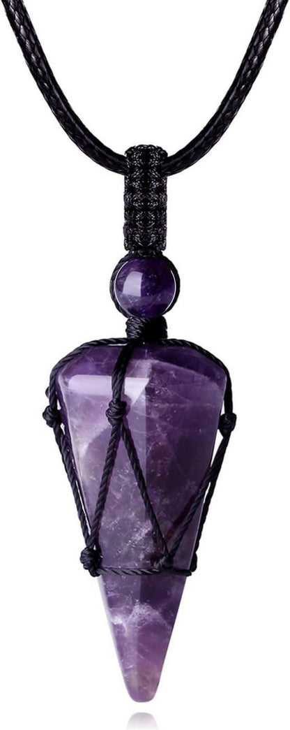 Kristall Anhänger Halskette Schwarzes Lederseil Amethyst