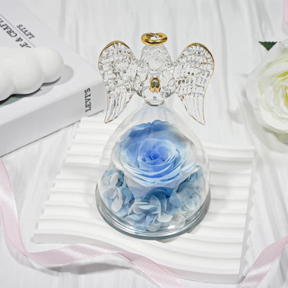 Ewige Rose mit Engel Figur in Glaskuppel Weiß Blau