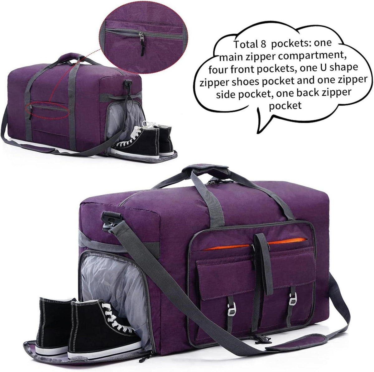 Faltbare Reisetasche 65L, Große Sporttasche mit Schuhtasche, Lila