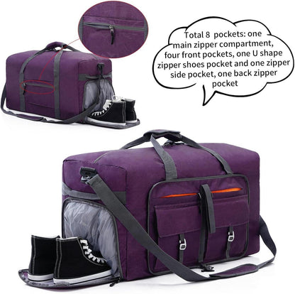 Faltbare Reisetasche 65L, Große Sporttasche mit Schuhtasche, Lila