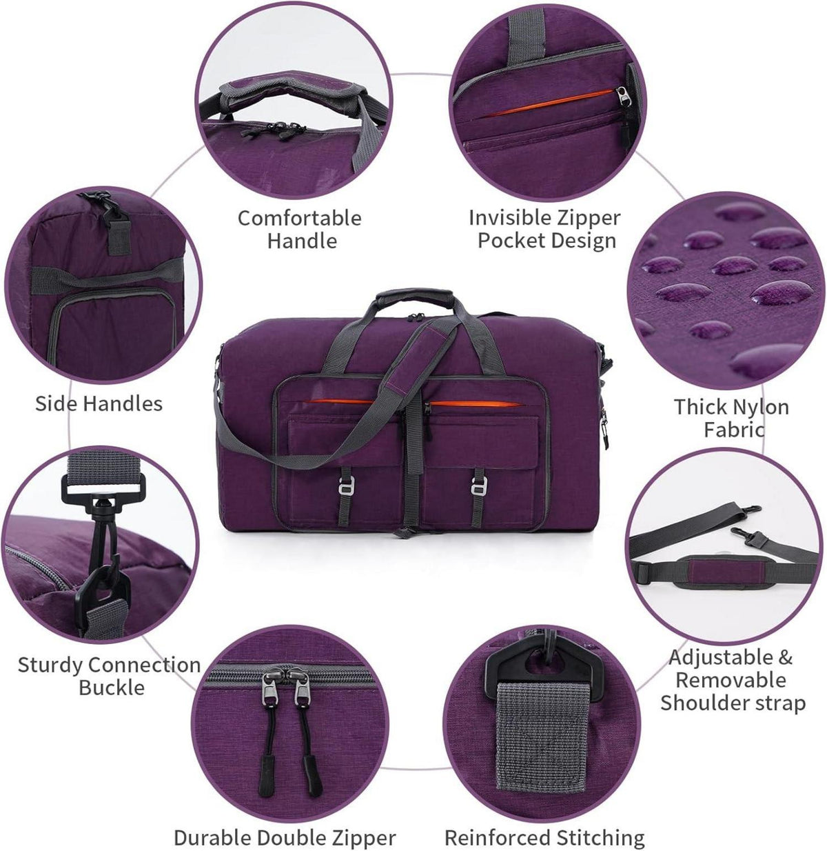 Faltbare Reisetasche 65L Sporttasche mit Schuhtasche lila Unisex
