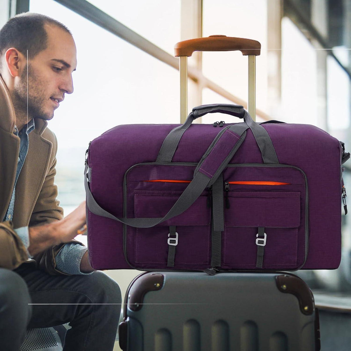 Faltbare Reisetasche 65L Sporttasche mit Schuhtasche lila Unisex