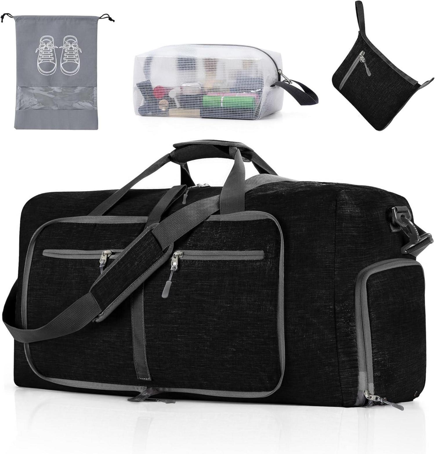 Faltbare Reisetasche mit Extra Kultur- und Schuhbeutel 65L Schwarz