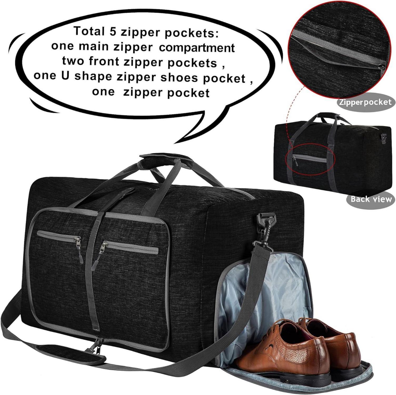 Faltbare Reisetasche mit Extra Kultur- und Schuhbeutel 65L Schwarz