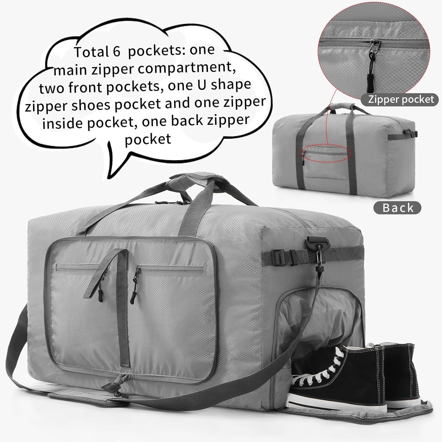 65L Faltbare Reisetasche Sporttasche Grau mit Kulturbeutel