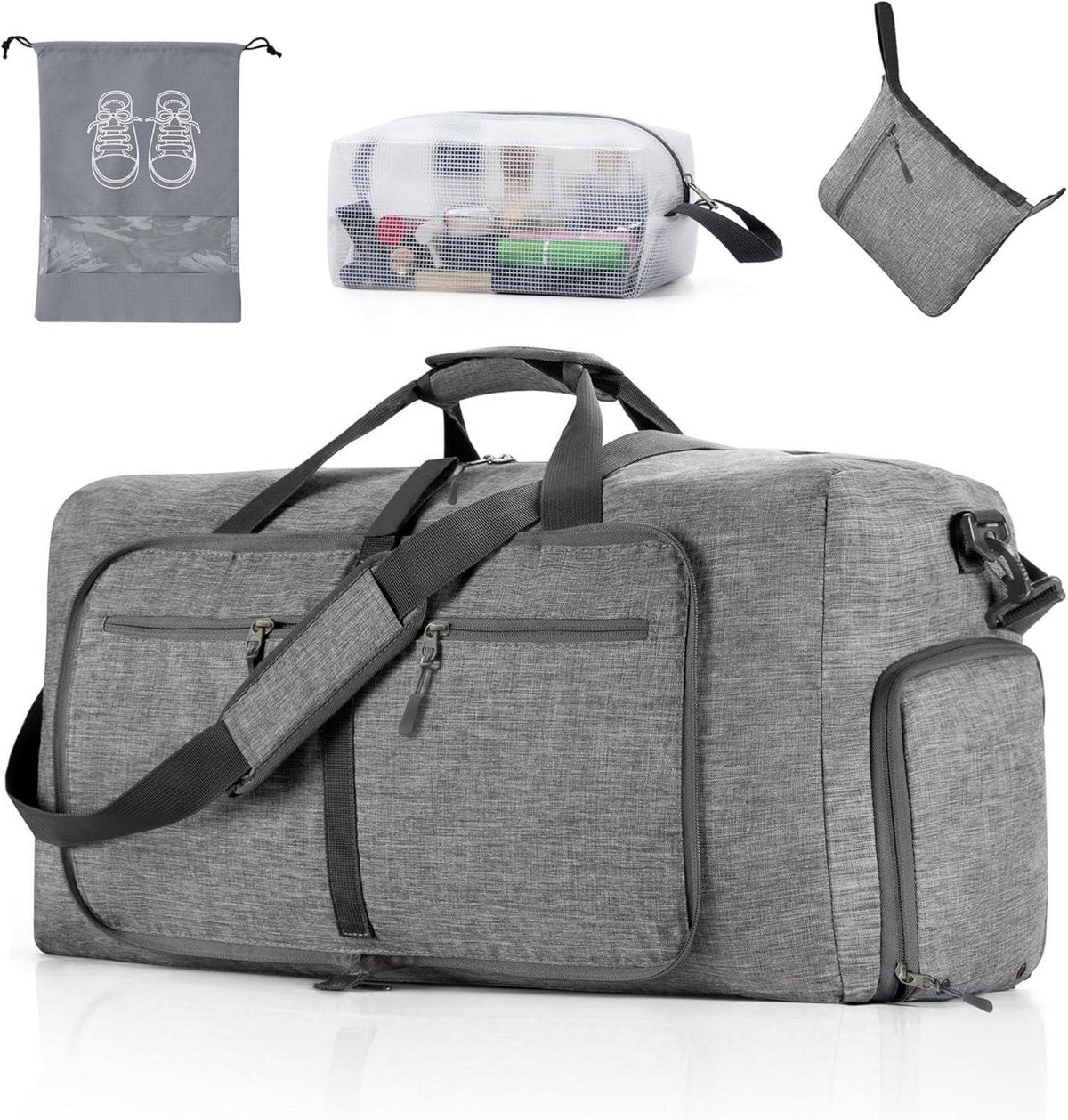Faltbare Reisetasche mit Kulturbeutel und Schuhbeutel, 65L, Grau