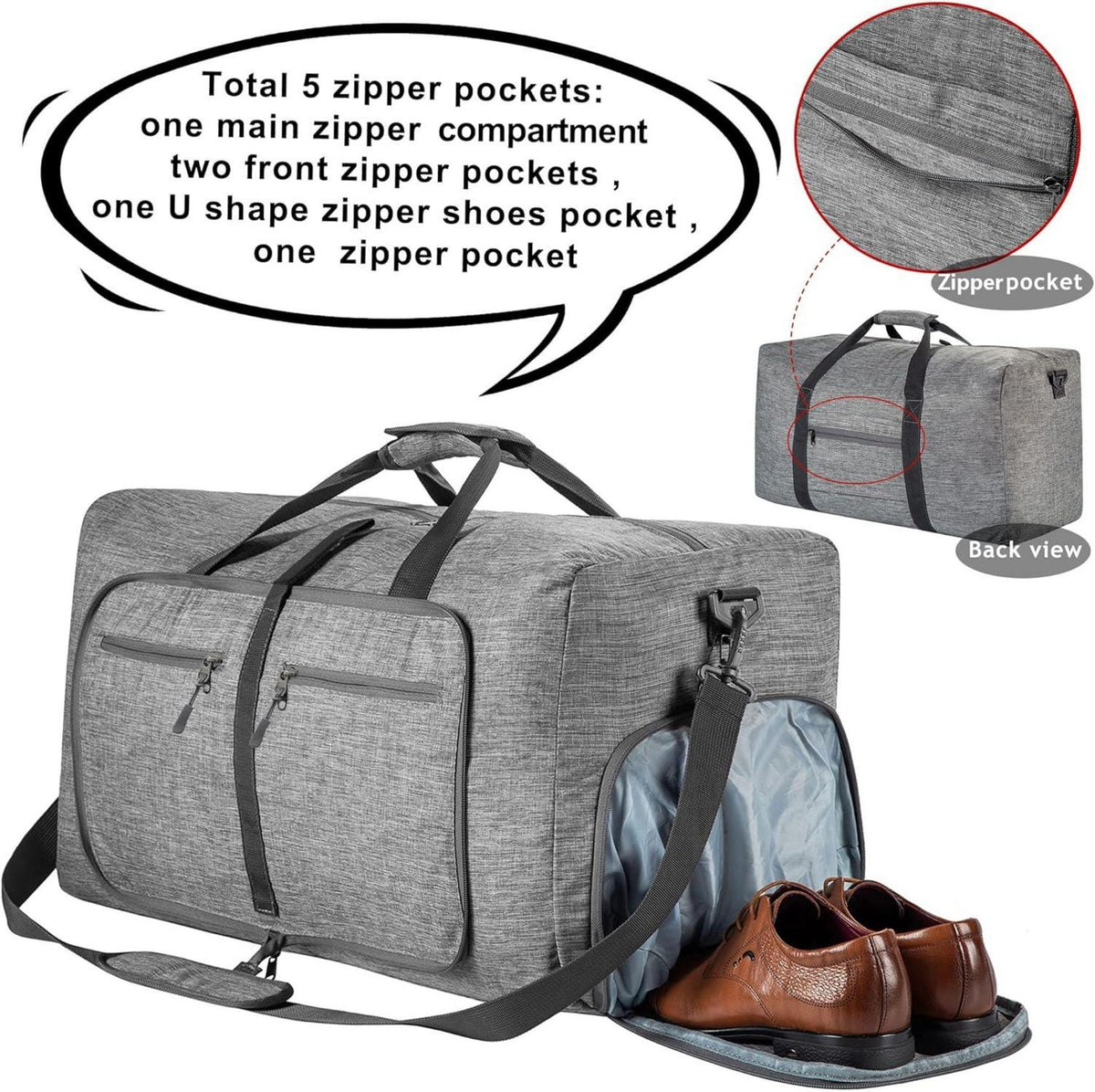 Große faltbare Reisetasche, Sporttasche 65L Grau mit Kultur- & Schuhbeutel
