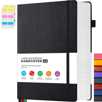 A4 Linien Notizbuch Hardcover – 320 Seiten Schwarz in Lederoptik