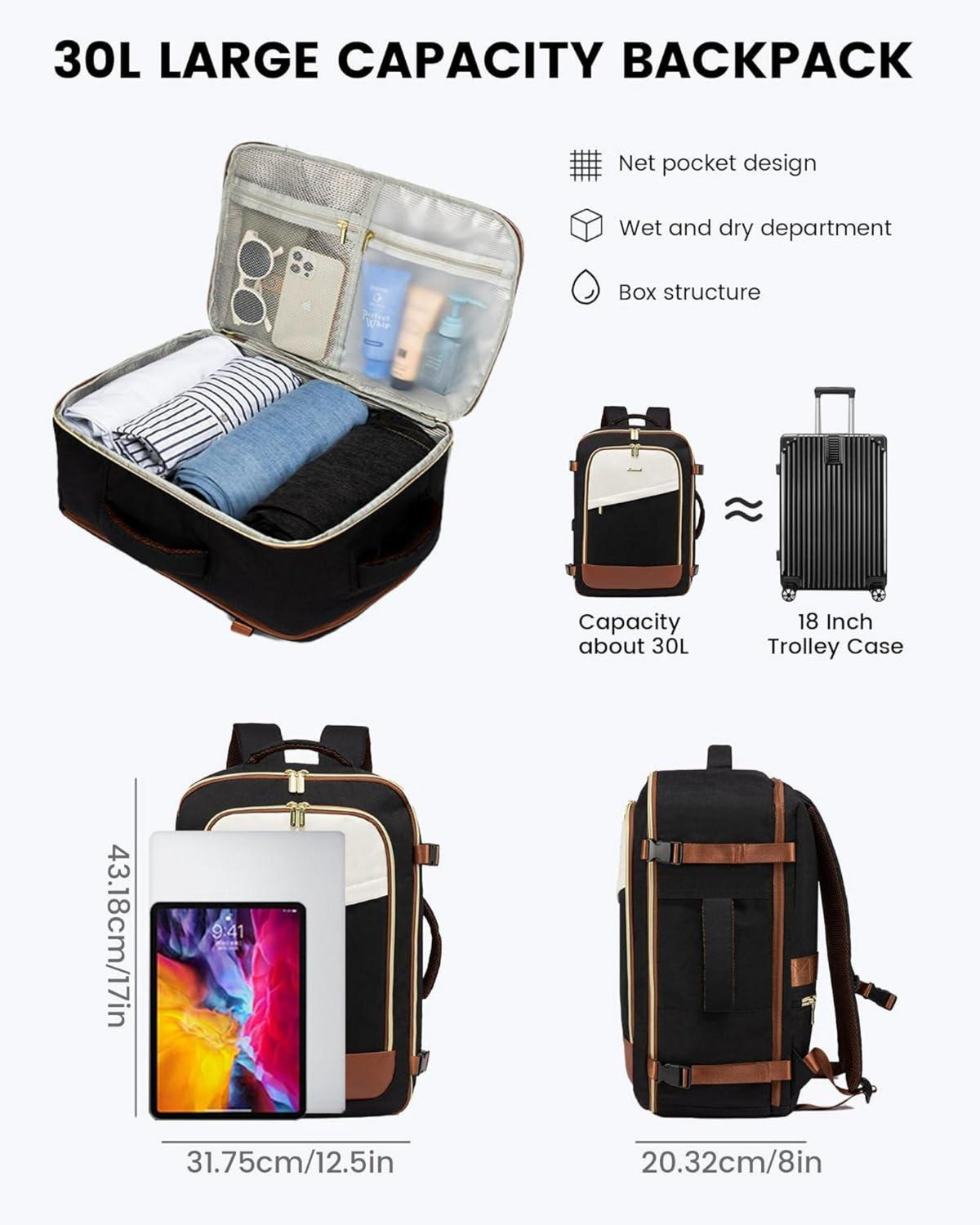 Großer Laptop Rucksack für Damen Handgepäck 40x30x20cm wasserdicht