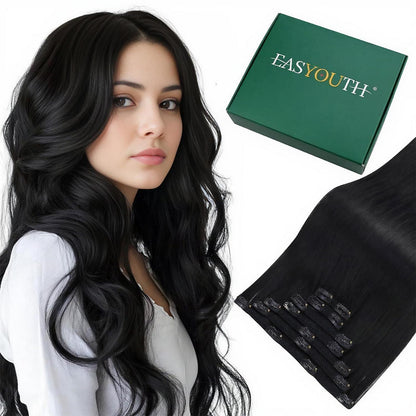 Echthaar Clip-Ins Schwarz – 40cm, 120g, Remy