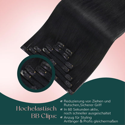 Echthaar Clip-Ins Schwarz – 40cm, 120g, Remy