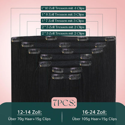Echthaar Clip-Ins Schwarz – 40cm, 120g, Remy