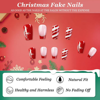 24 Stück Weihnachten Press on Nails Künstliche Nägel Rot Streifen