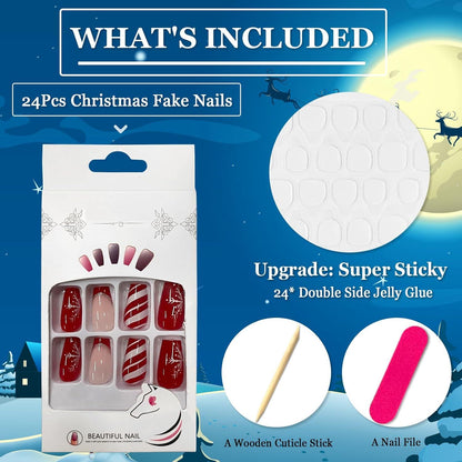 24 Stück Weihnachten Press on Nails Square French Acryl Nägel Rot Streifen Schneeflocke Festival Kunstnägel