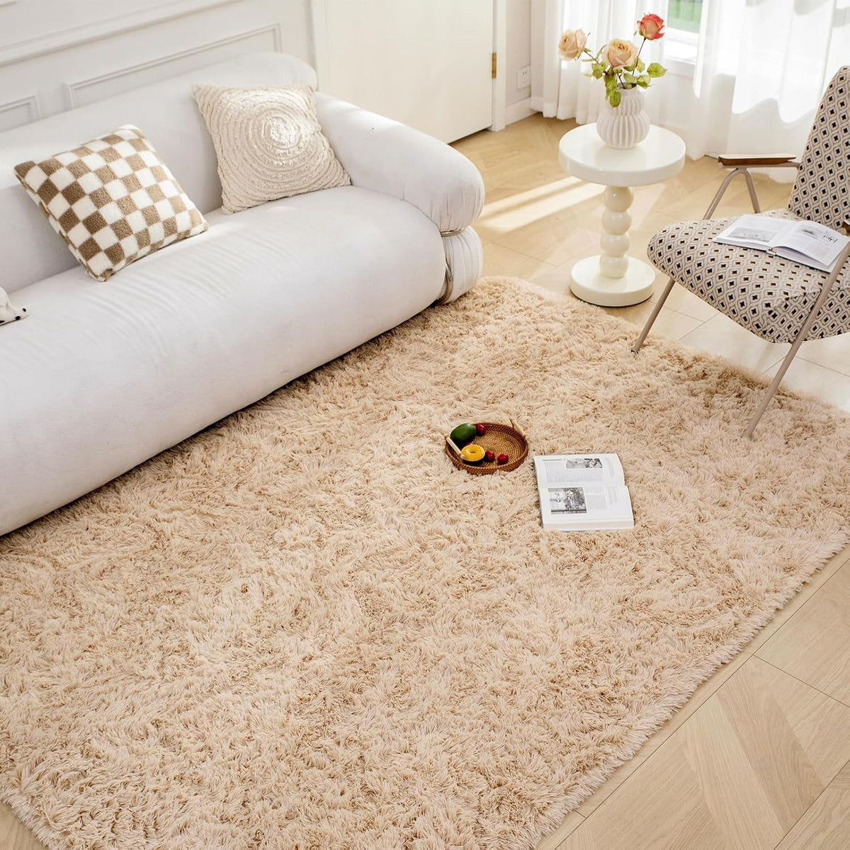Großer Shaggy Teppich Beige Flauschiger Antirutsch Teppich