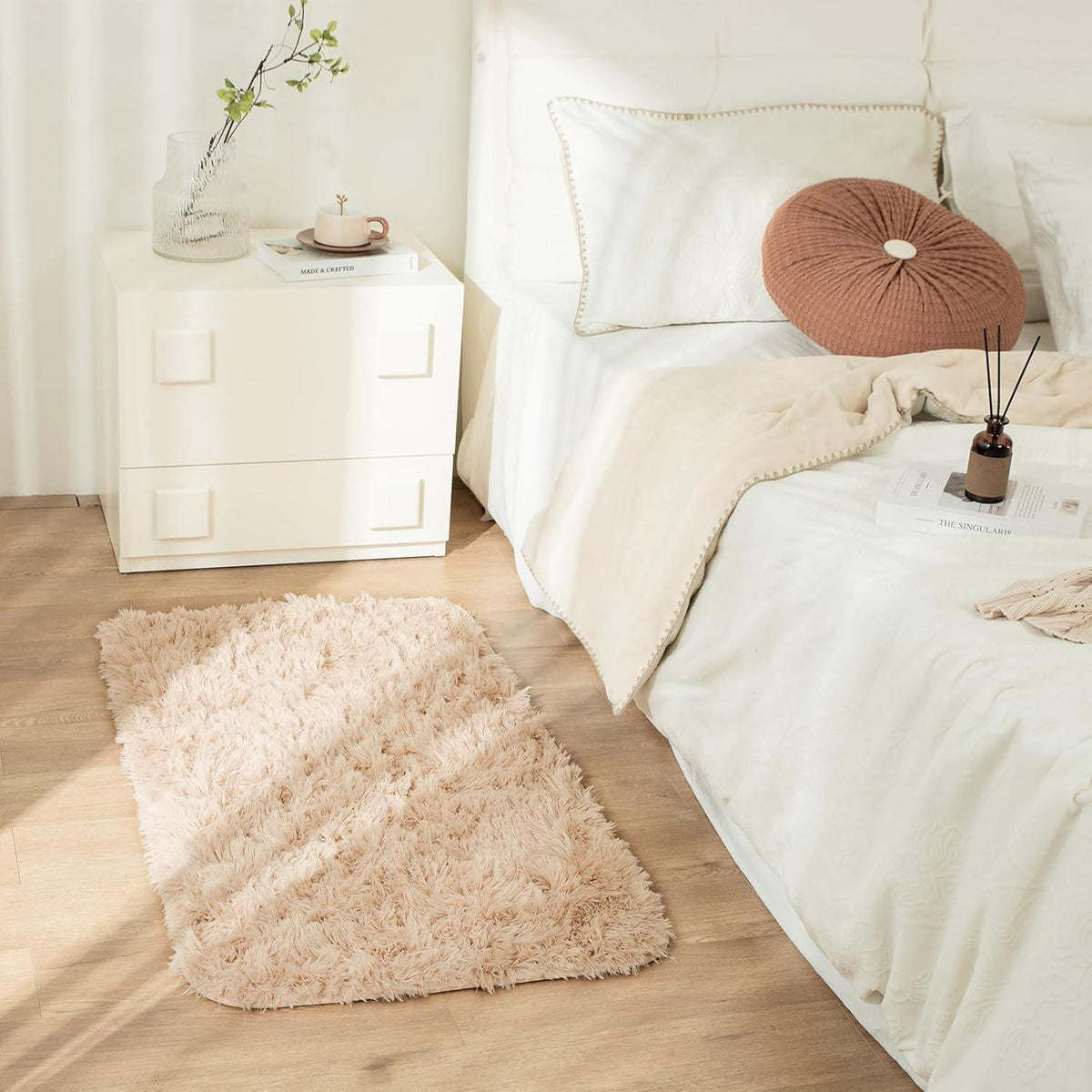 Hochflor Beige Shaggy Teppich waschbarer Flauschiger