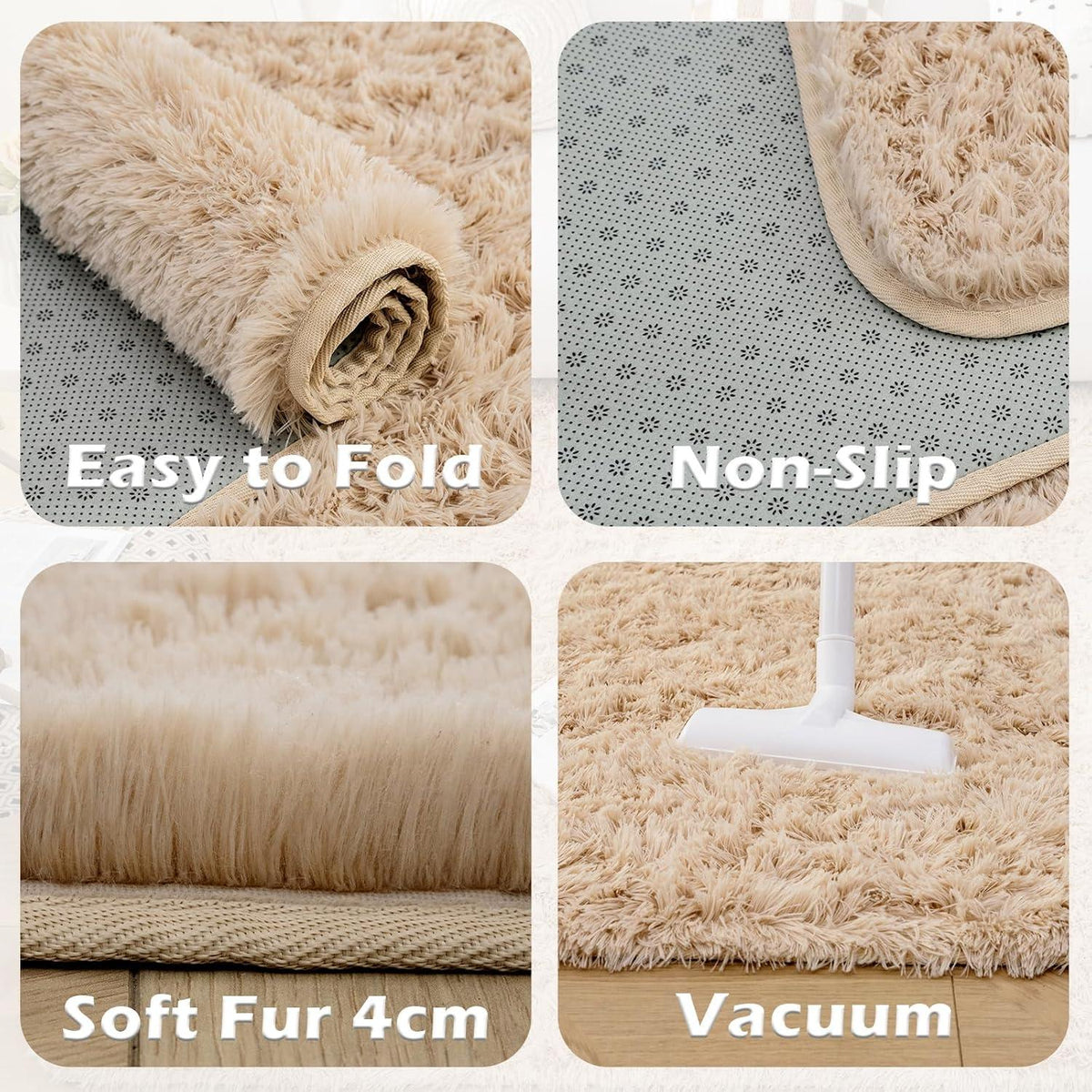 Shaggy Teppich Beige Hochflor Wohnzimmer Schlafzimmer Teppich 60x110cm
