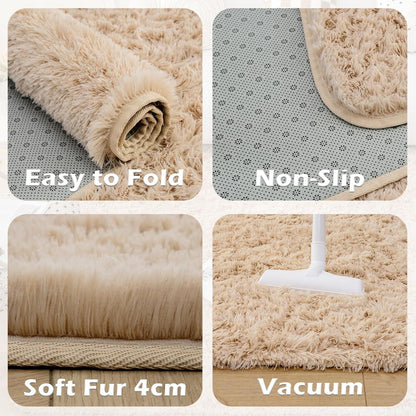 Shaggy Teppich Beige Hochflor Wohnzimmer Schlafzimmer Teppich 60x110cm