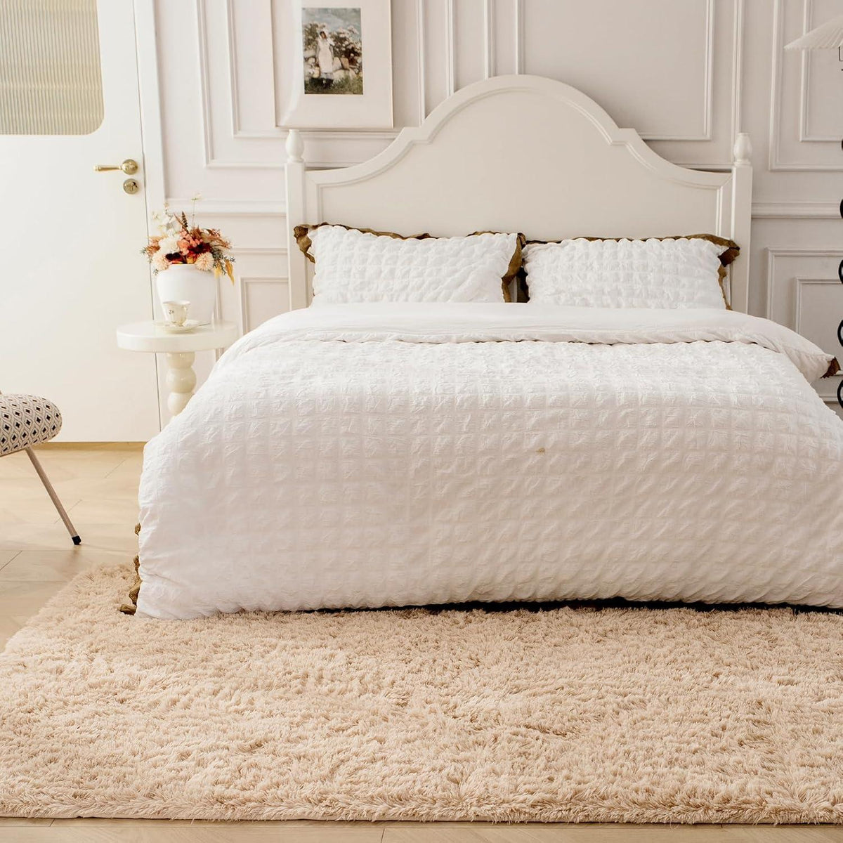 Shaggy Teppich Beige Hochflor Wohnzimmer Schlafzimmer Teppich 60x110cm