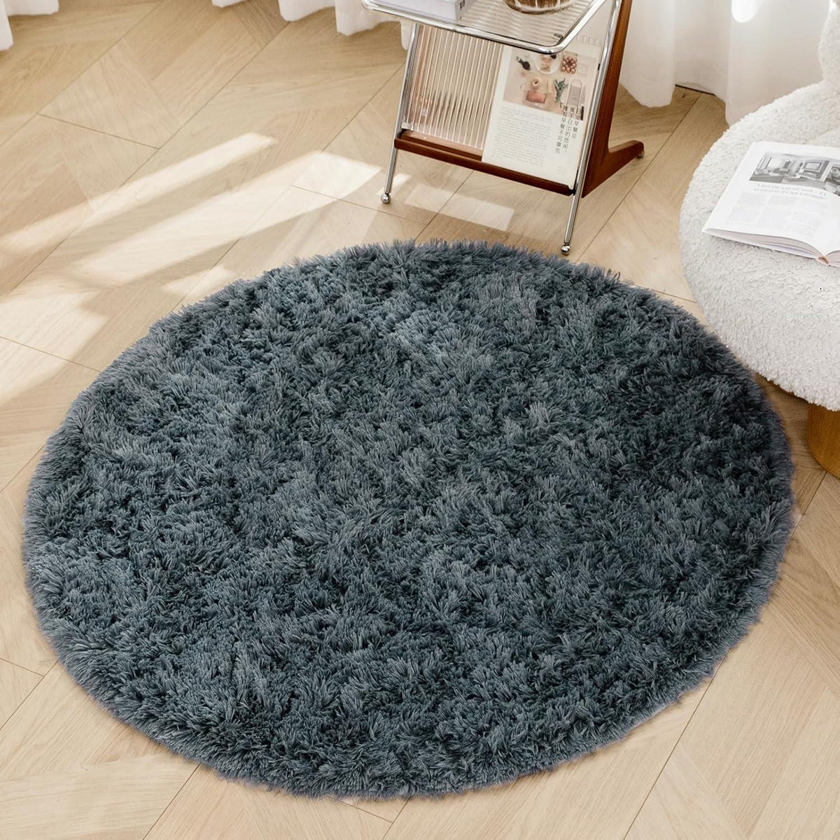 Runder Grauer Hochflor-Shaggy-Teppich 120cm Wohnzimmer