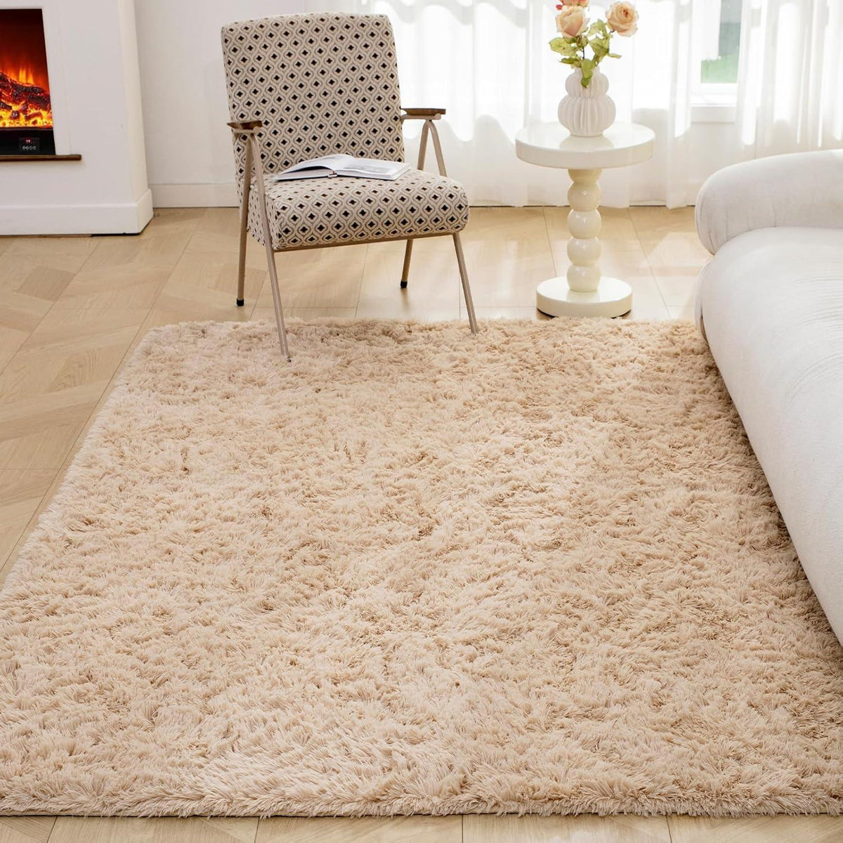 Shaggy Teppich Beige Groß Flauschig Waschbar 120x180cm