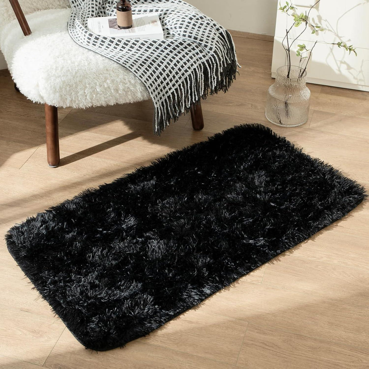 Moderner Hochflor Shaggy Teppich Schwarz 60x110cm