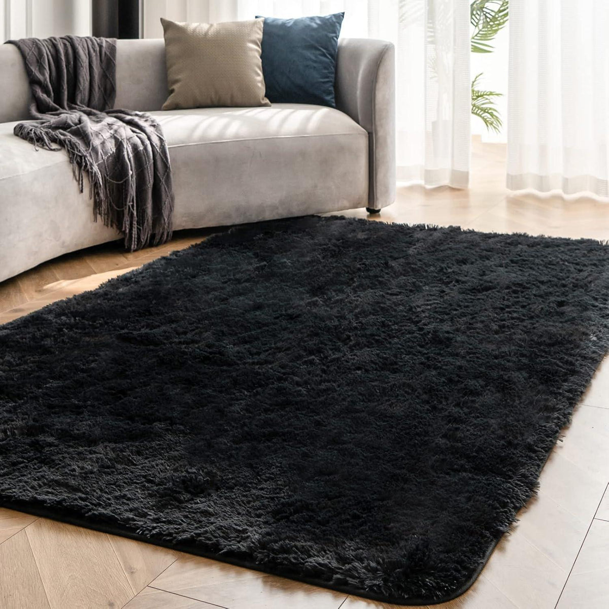 OMERAI Hochflor Shaggy Teppich Schwarz 60x110cm waschbarer Antirutsch