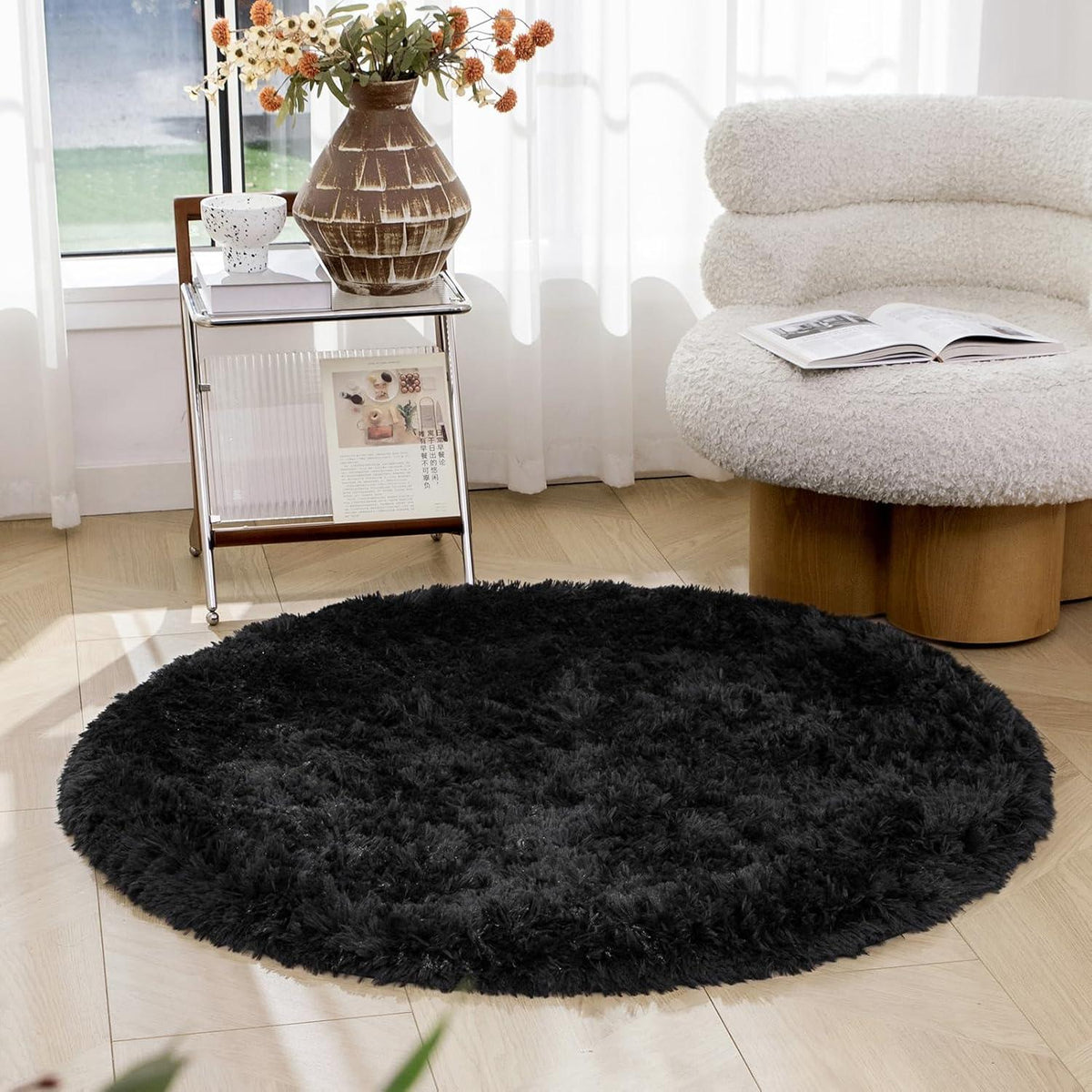 Runder Schwarz Hochflor Shaggy Teppich Waschbarer, Antirutsch