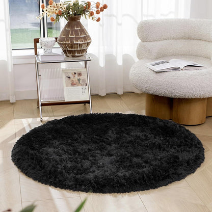 Runder Schwarz Hochflor Shaggy Teppich Waschbarer, Antirutsch