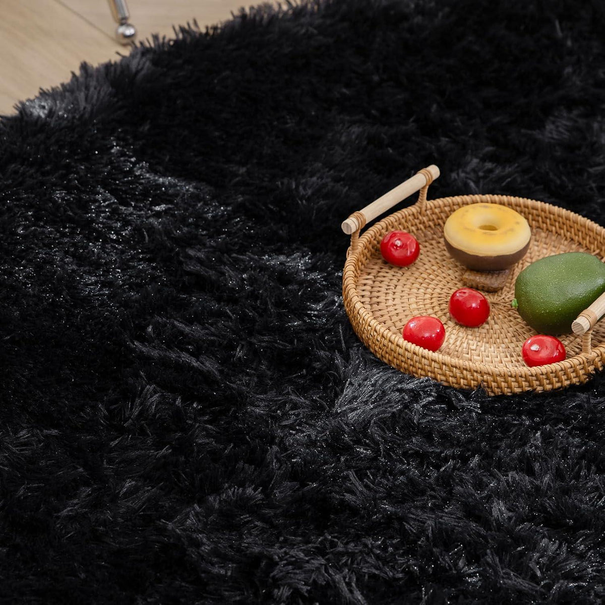 Runder Schwarz Hochflor Shaggy Teppich Waschbarer, Antirutsch