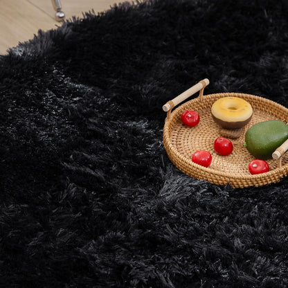 Runder Schwarz Hochflor Shaggy Teppich Waschbarer, Antirutsch
