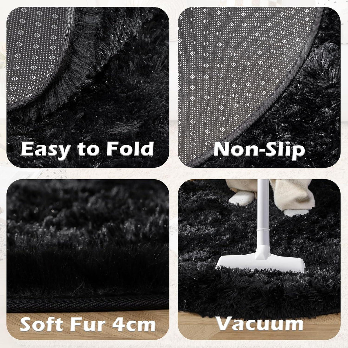 Wohnzimmer Teppich Shaggy Schwarz 120cm Rund - Anti-Rutsch & Hochflor