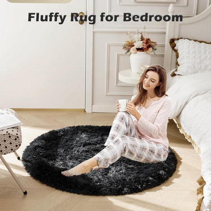 Wohnzimmer Teppich Shaggy Schwarz 120cm Rund - Anti-Rutsch & Hochflor